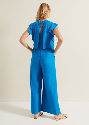 Phase Eight Aubrey Blue Linen Frill Jumpsuit Blue USA | 6520784-RD